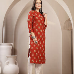 Kimayra Rayon Calf Length Printed 3/4 Sleeve Key Hole Neck Straight Kurta