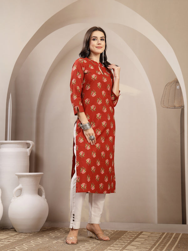 Kimayra Rayon Calf Length Printed 3/4 Sleeve Key Hole Neck Straight Kurta