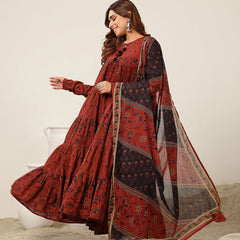 Kimayra Cotton Ankle Length Printed Full Sleeve Key Hole Neck Flared Kurta Suit Set