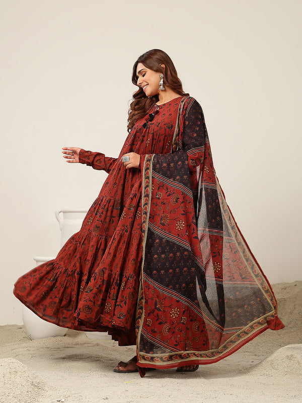 Kimayra Cotton Ankle Length Printed Full Sleeve Key Hole Neck Flared Kurta Suit Set