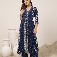 Kimayra Rayon Calf Length Printed 3/4 Sleeve V-Neck Straight Kurta Suit Set