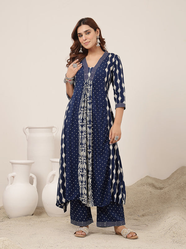 Kimayra Rayon Calf Length Printed 3/4 Sleeve V-Neck Straight Kurta Suit Set