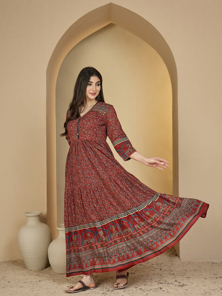 Kimayra Cotton Calf Length Printed 3/4 Sleeves V-Neck Anarkali Kurta