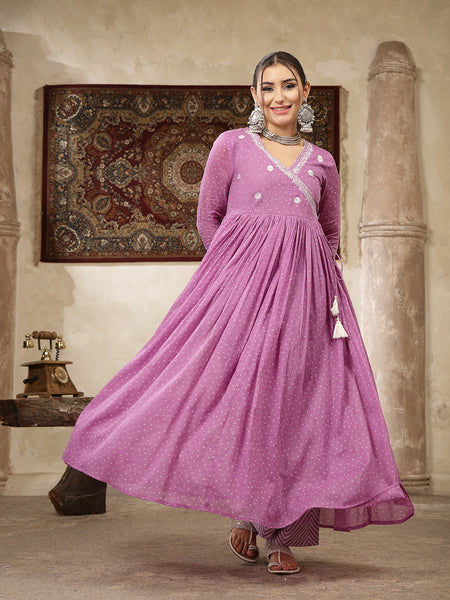Kimayra Cotton Calf Length Printed 3/4 Sleeve V-Neck Flared Kurta Suit Set