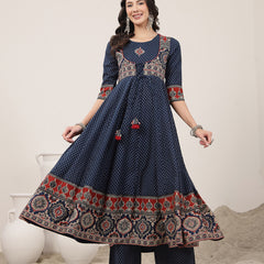 Kimayra Cotton Calf Length Printed 3/4 Sleeve Round Neck Flared Kurta Suit Set