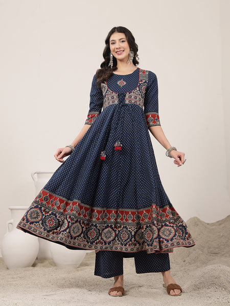 Kimayra Cotton Calf Length Printed 3/4 Sleeve Round Neck Flared Kurta Suit Set