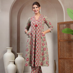Kimayra Cotton Calf Length Printed 3/4 Sleeve V-Neck A-Line Kurta Suit Set