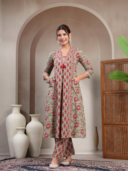 Kimayra Cotton Calf Length Printed 3/4 Sleeve V-Neck A-Line Kurta Suit Set