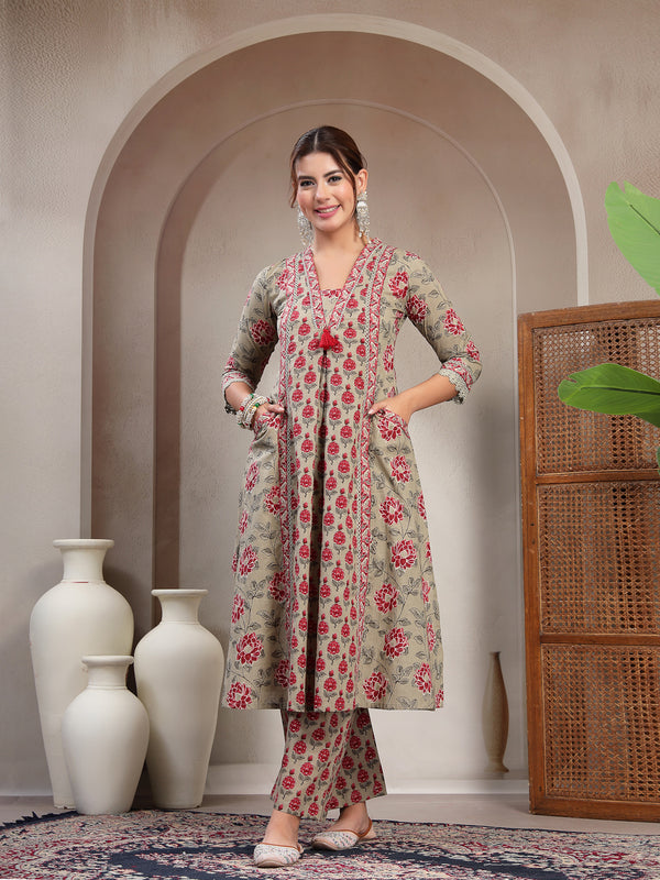 Kimayra Cotton Calf Length Printed 3/4 Sleeve V-Neck A-Line Kurta Suit Set