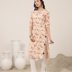 Kimayra Rayon Calf Length Printed 3/4 Sleeve Round Neck Straight Kurta