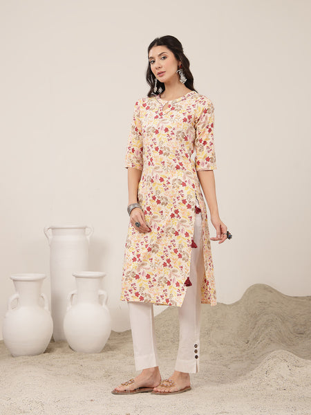 Kimayra Rayon Calf Length Printed 3/4 Sleeve Round Neck Straight Kurta