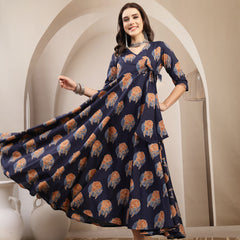 Kimayra Cotton Calf Length Printed 3/4 Sleeve V-Neck Flared Kurta