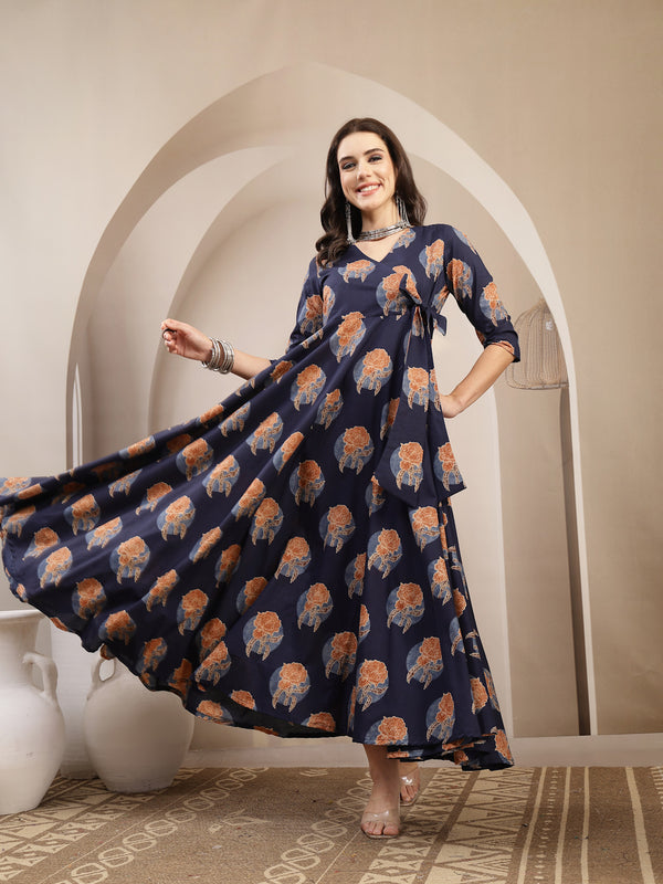 Kimayra Cotton Calf Length Printed 3/4 Sleeve V-Neck Flared Kurta