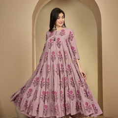 Kimayra Cotton Calf Length Printed 3/4 Sleeve Key Hole Neck Anarkali Kurta Suit Set