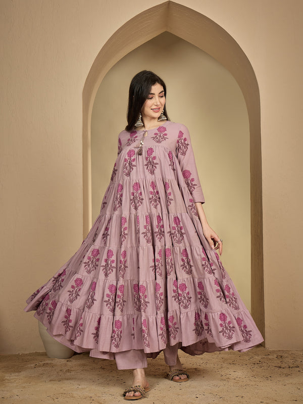 Kimayra Cotton Calf Length Printed 3/4 Sleeve Key Hole Neck Anarkali Kurta Suit Set