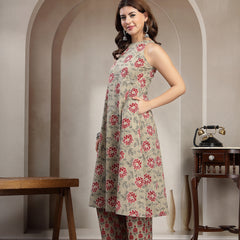 Kimayra Cotton Calf Length Printed Sleeveless Round Neck Flared Kurta Suit Set