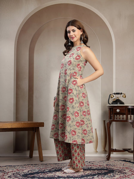 Kimayra Cotton Calf Length Printed Sleeveless Round Neck Flared Kurta Suit Set