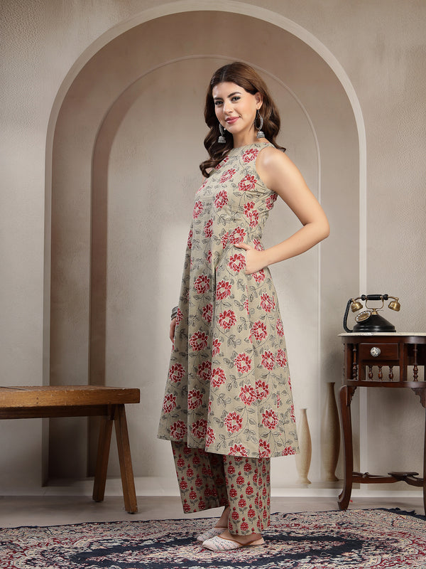Kimayra Cotton Calf Length Printed Sleeveless Round Neck Flared Kurta Suit Set