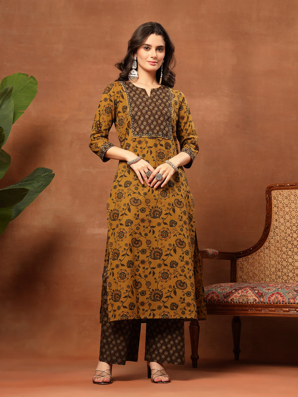 Kimayra Cotton Calf Length Printed 3/4 Sleeve Round Neck Straight Kurta Suit Set
