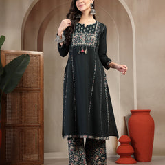 Kimayra Cotton Calf Length Solid 3/4 Sleeve Round Neck Straight Kurta Suit Set