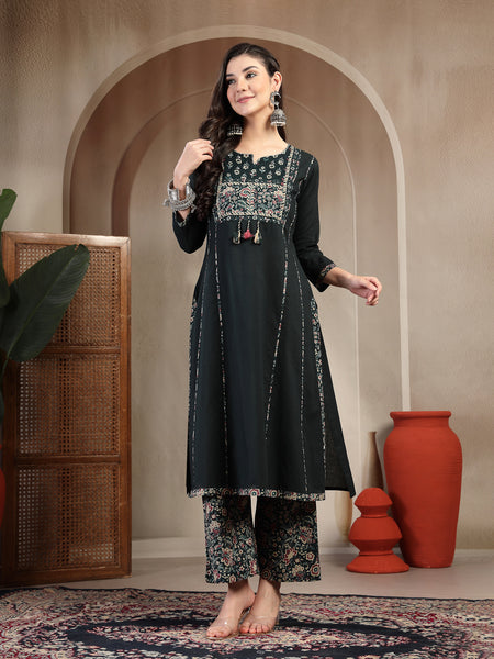 Kimayra Cotton Calf Length Solid 3/4 Sleeve Round Neck Straight Kurta Suit Set