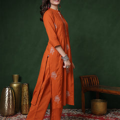 Kimayra Cotton Calf Length Solid 3/4 Sleeves Mandarin Straight Kurta Suit Set