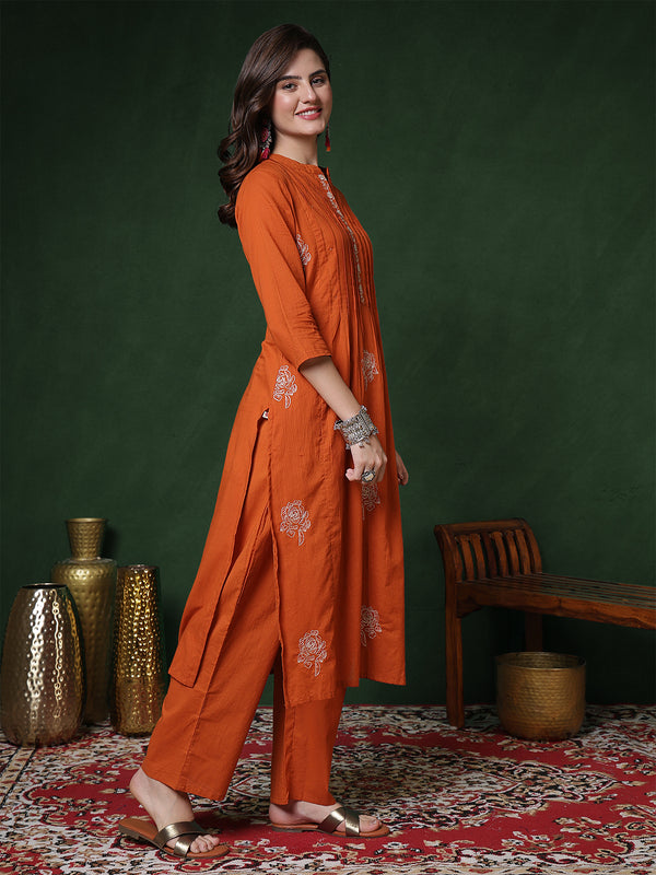 Kimayra Cotton Calf Length Solid 3/4 Sleeves Mandarin Straight Kurta Suit Set