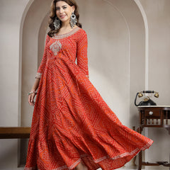 Kimayra Cotton Ankle Length Printed 3/4 Sleeve Round Neck Flared Kurta