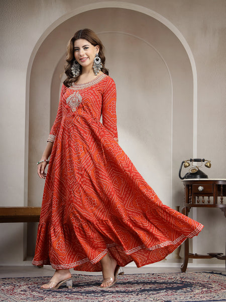 Kimayra Cotton Ankle Length Printed 3/4 Sleeve Round Neck Flared Kurta