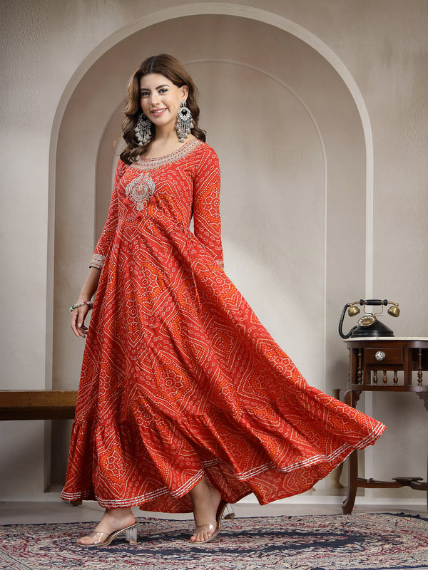 Kimayra Cotton Ankle Length Printed 3/4 Sleeve Round Neck Flared Kurta