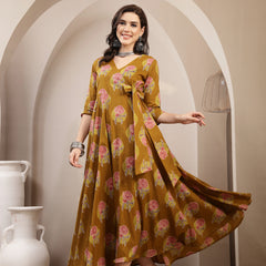 Kimayra Cotton Calf Length Printed 3/4 Sleeve V-Neck Flared Kurta