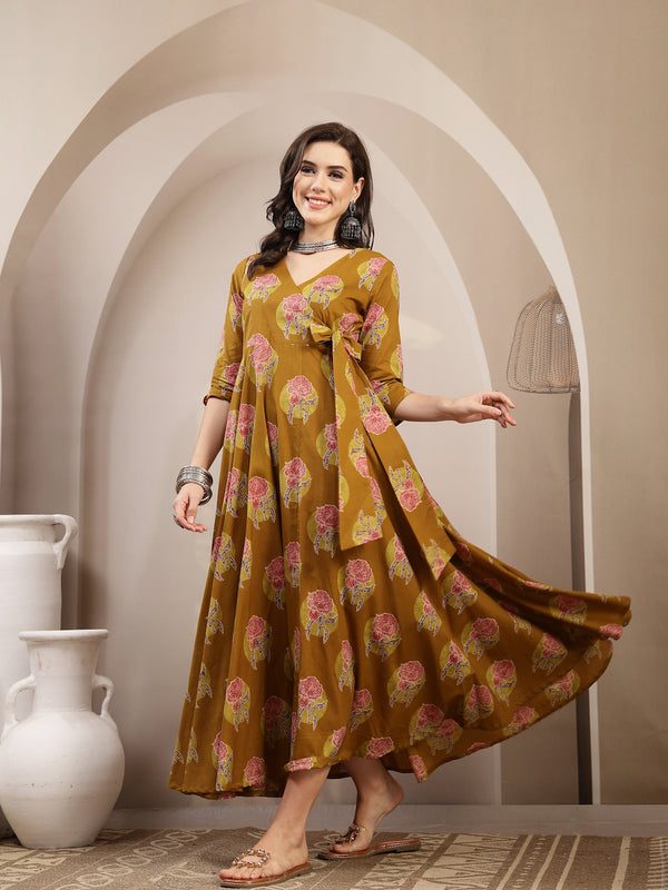Kimayra Cotton Calf Length Printed 3/4 Sleeve V-Neck Flared Kurta