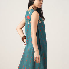 Kimayra Cotton Mid Length Printed Sleeveless V-Neck Flared Dress