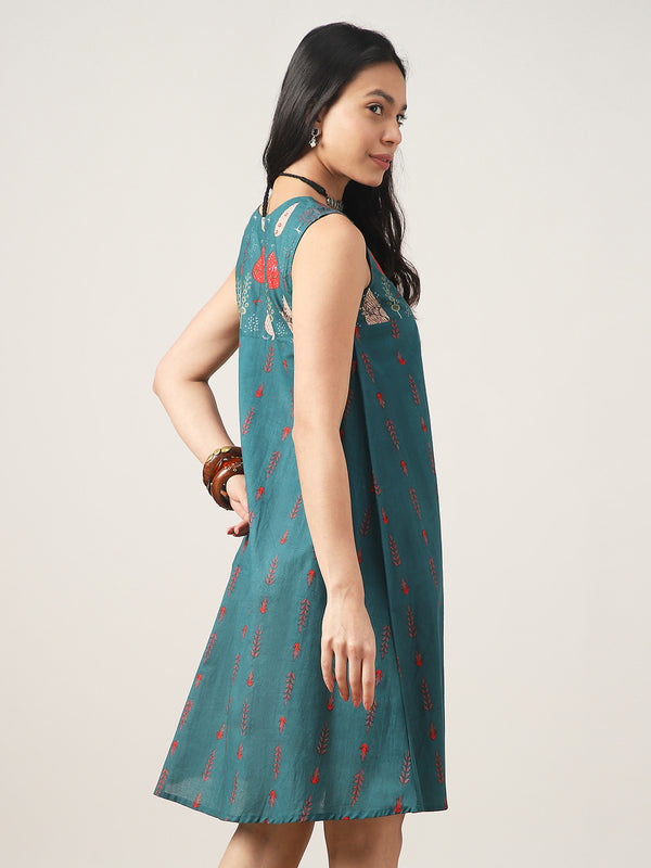 Kimayra Cotton Mid Length Printed Sleeveless V-Neck Flared Dress