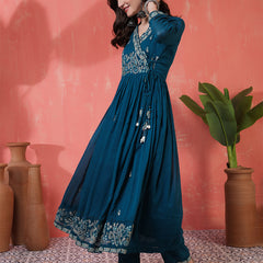 Kimayra Cotton Calf Length Printed 3/4 Sleeves Angrakha Anarkali Kurta Suit Set