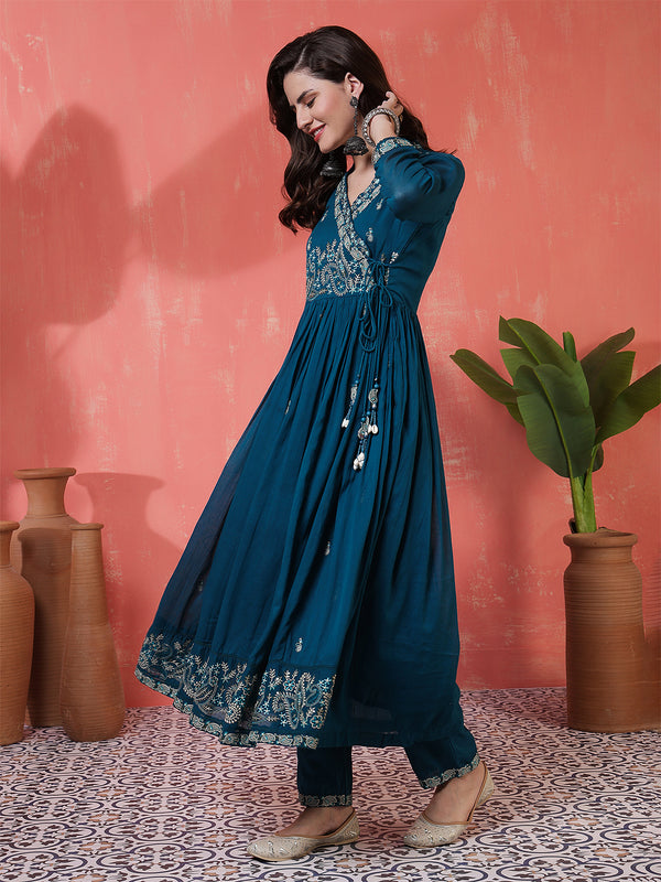 Kimayra Cotton Calf Length Printed 3/4 Sleeves Angrakha Anarkali Kurta Suit Set
