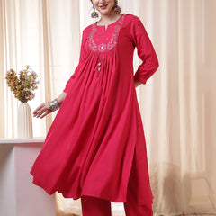 Kimayra Rayon Calf Length Solid 3/4 Sleeves Round Neck Flared Kurta Suit Set