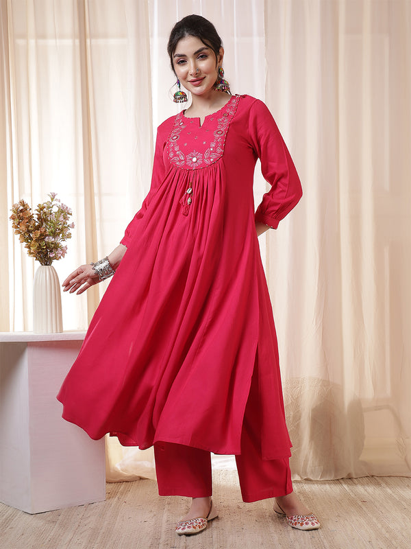 Kimayra Rayon Calf Length Solid 3/4 Sleeves Round Neck Flared Kurta Suit Set