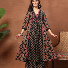 Kimayra Cotton Calf Length Printed 3/4 Sleeve V-Neck Flared Kurta Suit Set