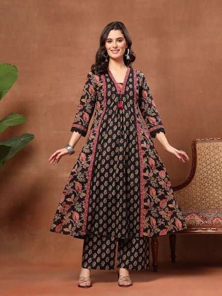 Kimayra Cotton Calf Length Printed 3/4 Sleeve V-Neck Flared Kurta Suit Set