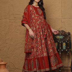 Kimayra Cotton Calf Length Printed 3/4 Sleeves Round Neck Anarkali Kurta Suit Set