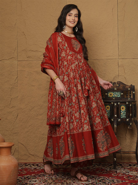 Kimayra Cotton Calf Length Printed 3/4 Sleeves Round Neck Anarkali Kurta Suit Set
