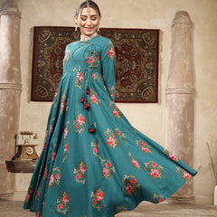 Kimayra Cotton Calf Length Printed 3/4 Sleeve Round Neck Flared Kurta Suit Set