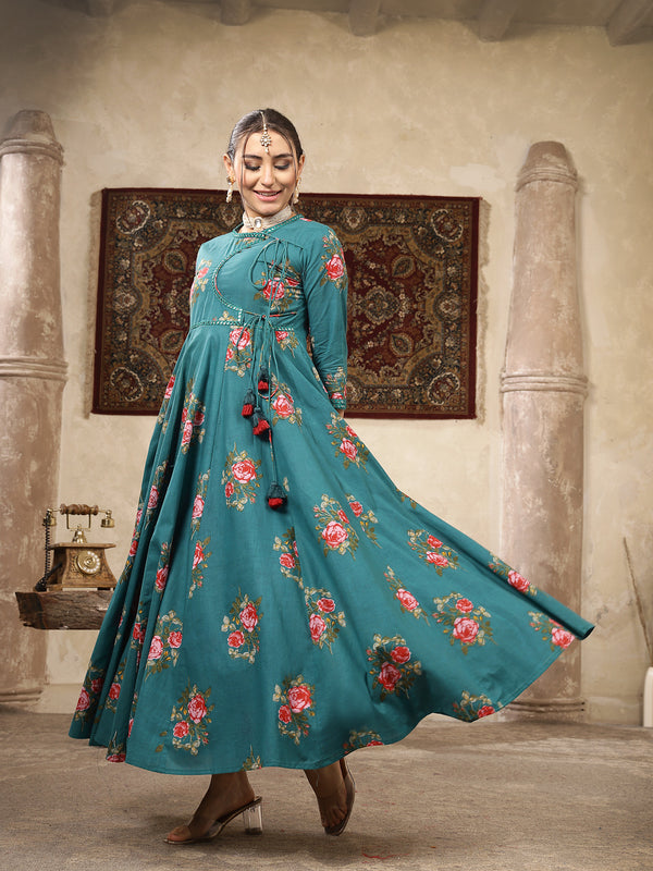 Kimayra Cotton Calf Length Printed 3/4 Sleeve Round Neck Flared Kurta Suit Set