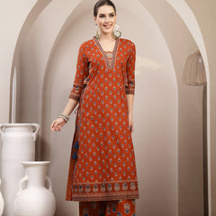 Kimayra Cotton Calf Length Printed 3/4 Sleeve V-Neck A-Line Kurta Suit Set
