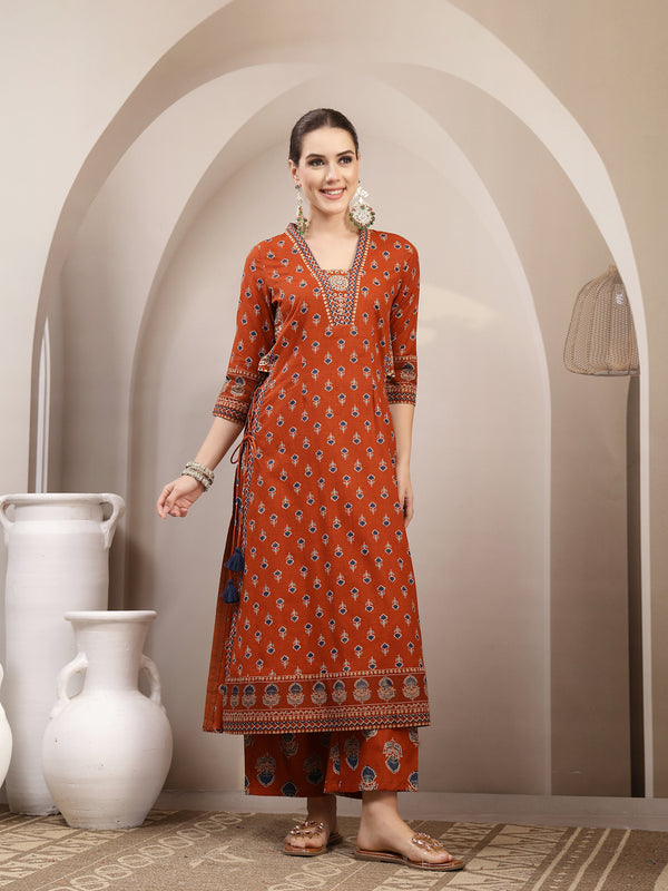 Kimayra Cotton Calf Length Printed 3/4 Sleeve V-Neck A-Line Kurta Suit Set