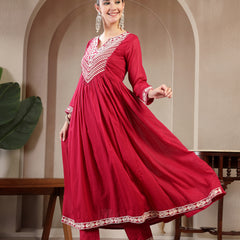 Kimayra Cotton Calf Length Solid 3/4 Sleeve Round Neck Flared Kurta Suit Set