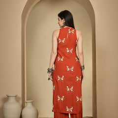 Kimayra Rayon Calf Length Printed Sleeveless Round Neck A-Line Kurta Suit Set