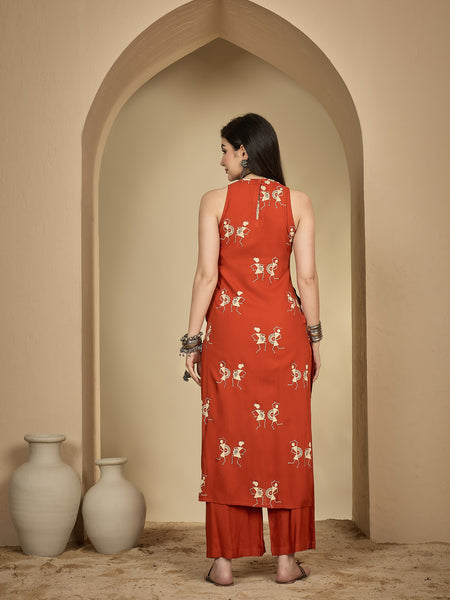 Kimayra Rayon Calf Length Printed Sleeveless Round Neck A-Line Kurta Suit Set