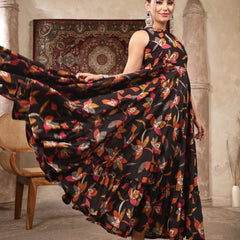 Kimayra Cotton Calf Length Printed Sleeveless Key Hole Neck Flared Kurta